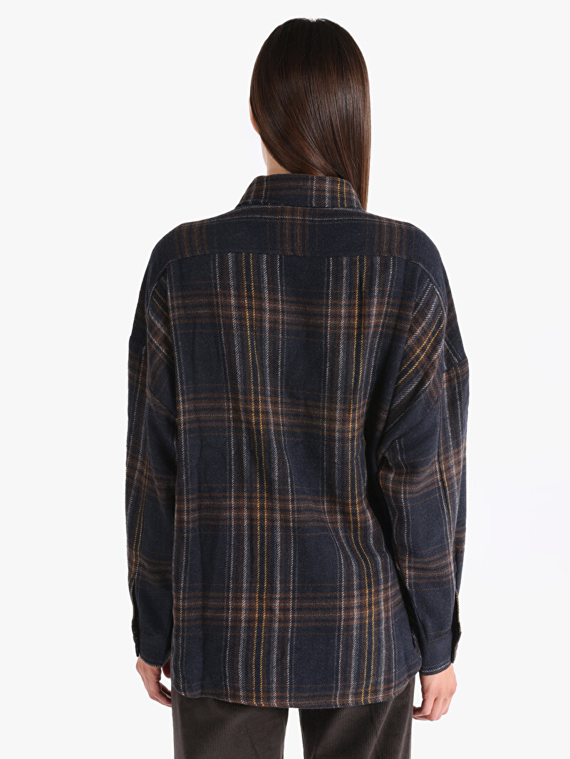 Relaxed Fit Shirt Neck Ekoseli Kadın Lacivert Uzun Kol Gömlek