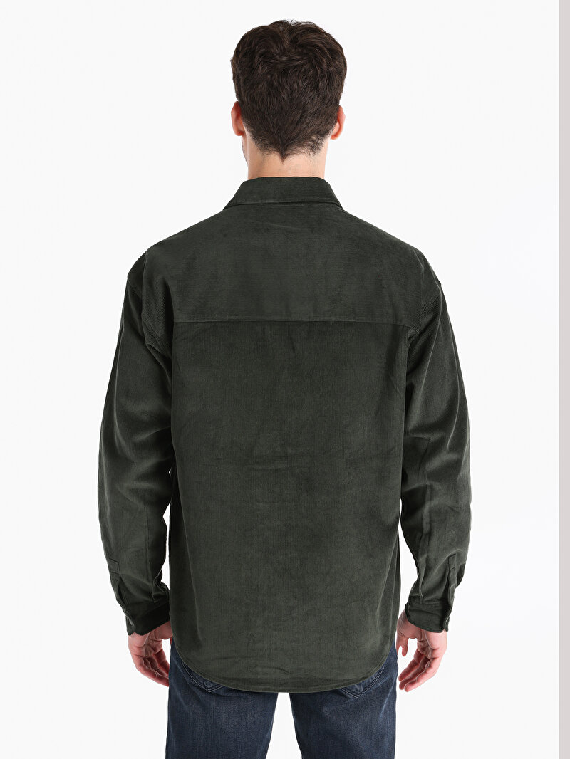 Comfort Fit Shirt Neck Düz Erkek Yeşil Uzun Kol Gömlek