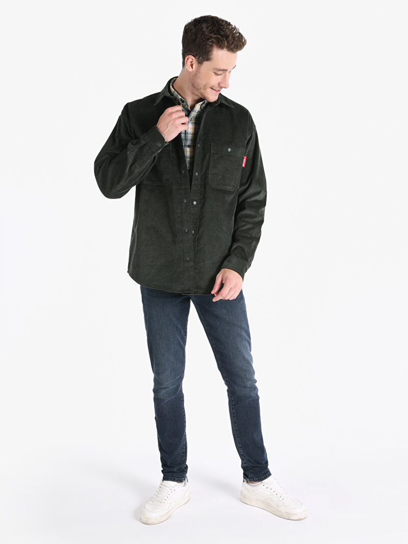 Comfort Fit Shirt Neck Düz Erkek Yeşil Uzun Kol Gömlek