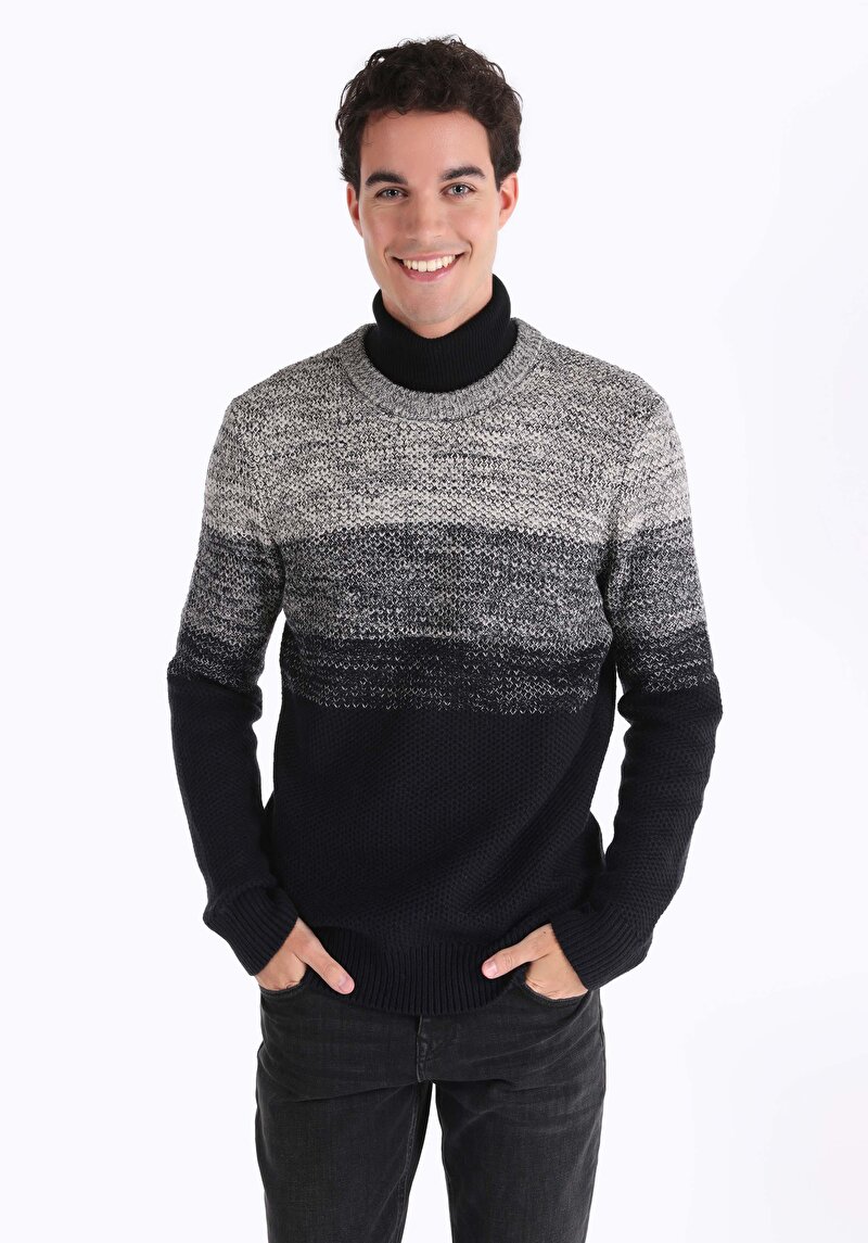 Regular Fit Yuvarlak Yaka Jakarlı Erkek Lacivert Kazak