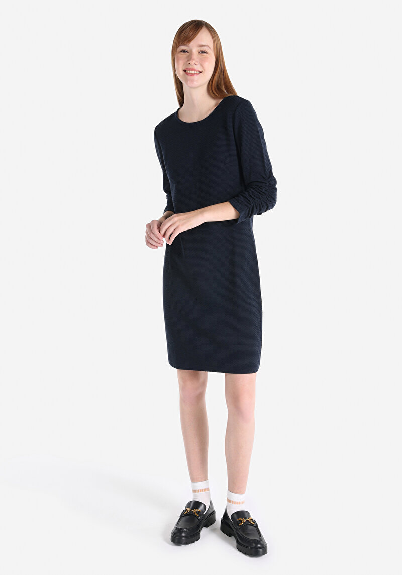 Slim Fit Jakarlı Kadın Lacivert Uzun Kol Elbise