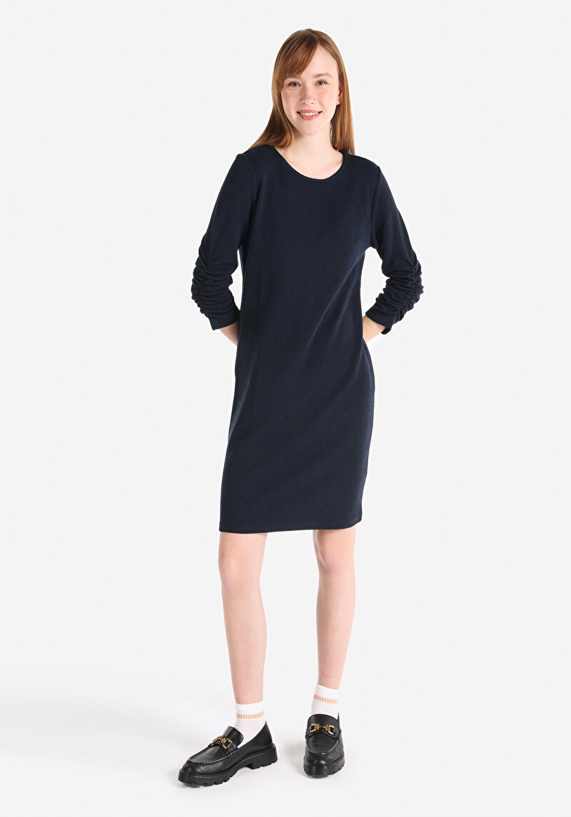 Slim Fit Jakarlı Kadın Lacivert Uzun Kol Elbise