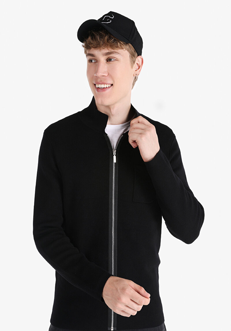 Slim Fit Erkek Siyah Fermuarlı Hırka