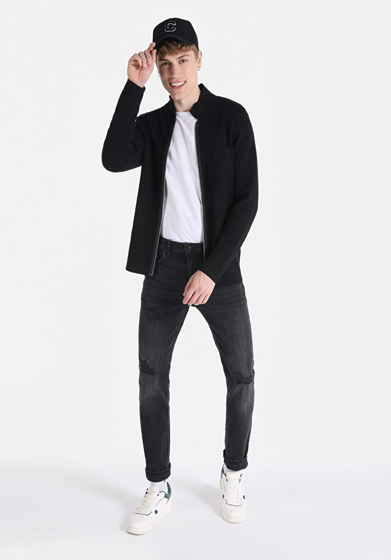 Slim Fit Erkek Siyah Fermuarlı Hırka