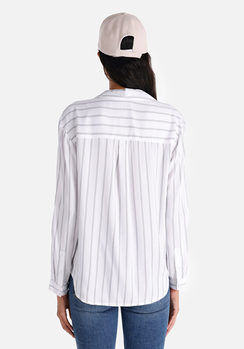 Regular Fit Shirt Neck Kadın Beyaz Roll-Up Gömlek