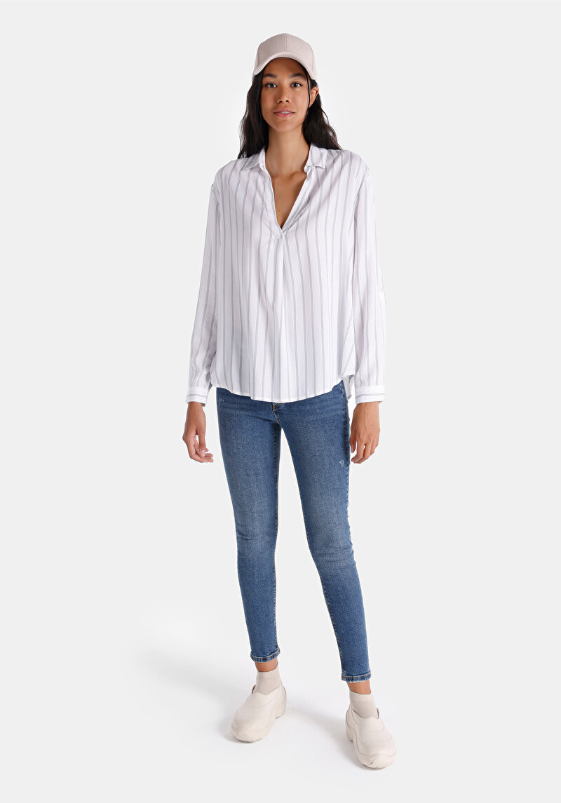 Regular Fit Shirt Neck Kadın Beyaz Roll-Up Gömlek