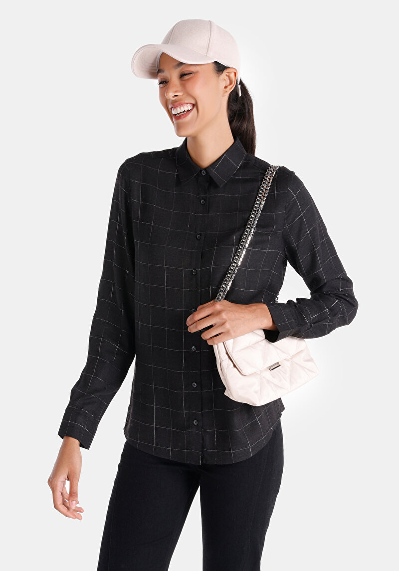 Slim Fit Shirt Neck Kareli Kadın Siyah Uzun Kol Gömlek
