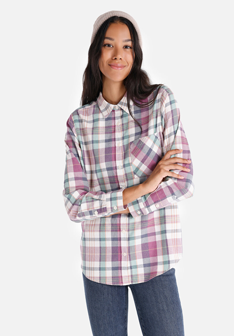 Regular Fit Shirt Neck Ekoseli Kadın Çok Renkli Uzun Kol Gömlek
