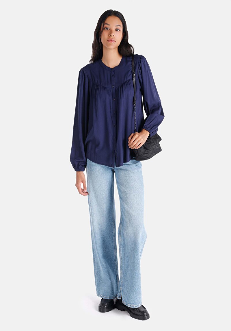 Regular Fit Yuvarlak Yaka Düz Kadın Lacivert Uzun Kol Gömlek