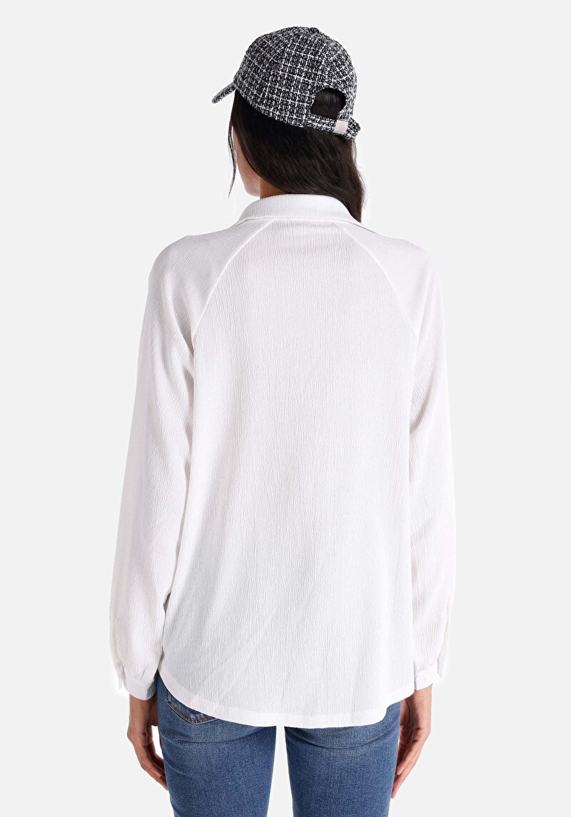 Regular Fit Shirt Neck Düz Kadın Beyaz Uzun Kol Tişört