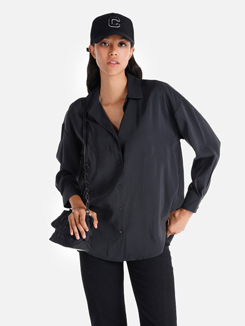 Regular Fit Shirt Neck Düz Kadın Antrasit Uzun Kol Gömlek