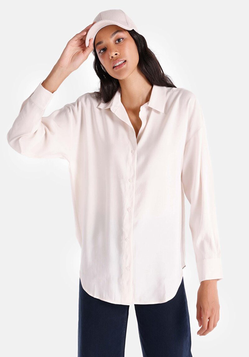 Regular Fit Shirt Neck Düz Kadın Ekru Uzun Kol Gömlek