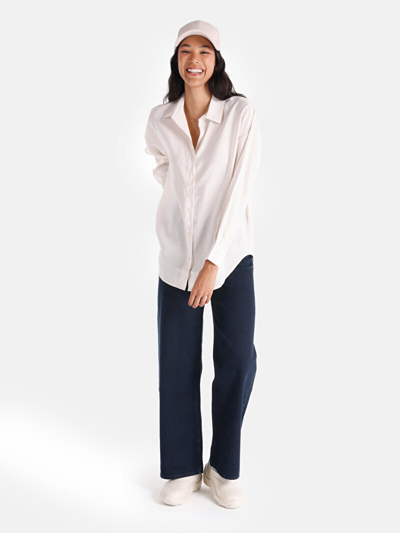 Regular Fit Shirt Neck Düz Kadın Ekru Uzun Kol Gömlek