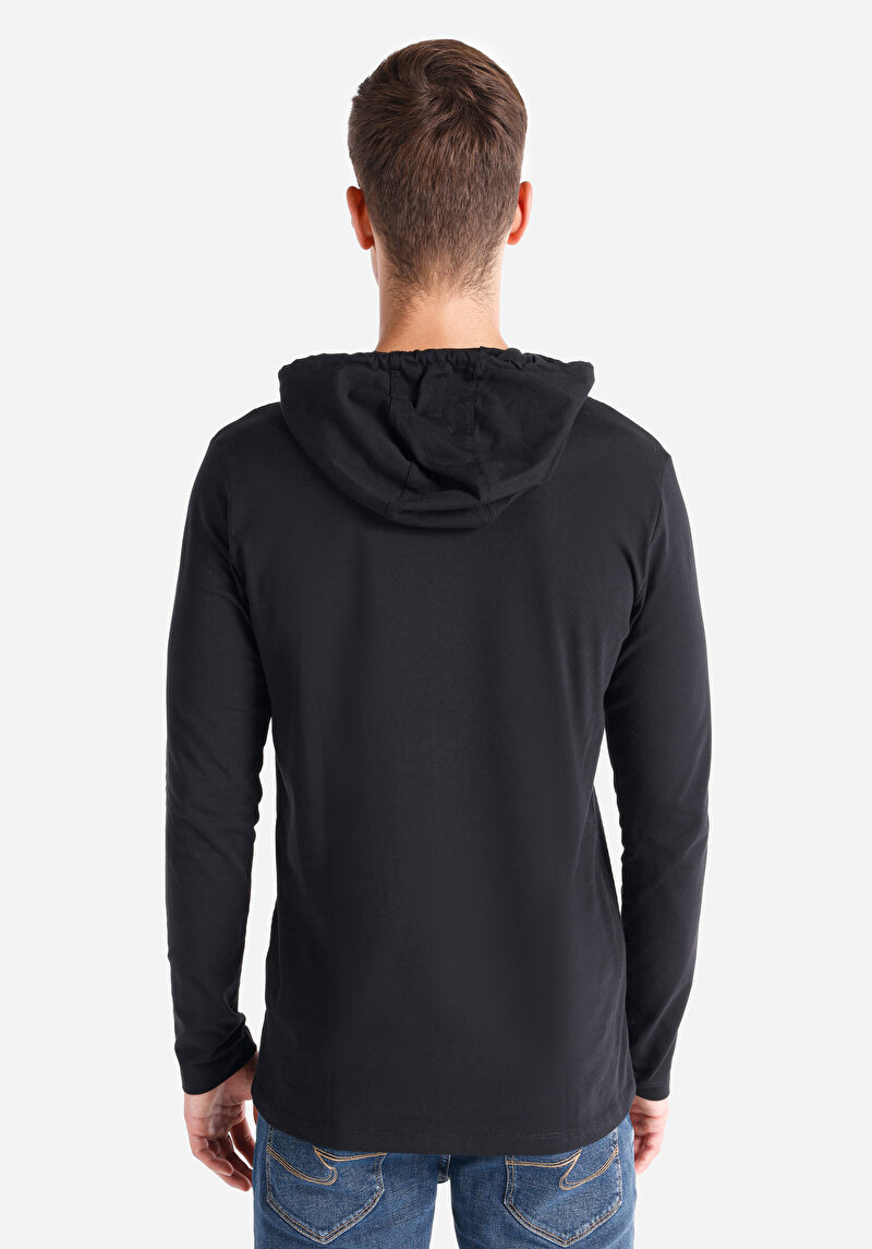 Regular Fit Pamuklu Kapüşonlu Düz Erkek Siyah Uzun Kol Tişört
