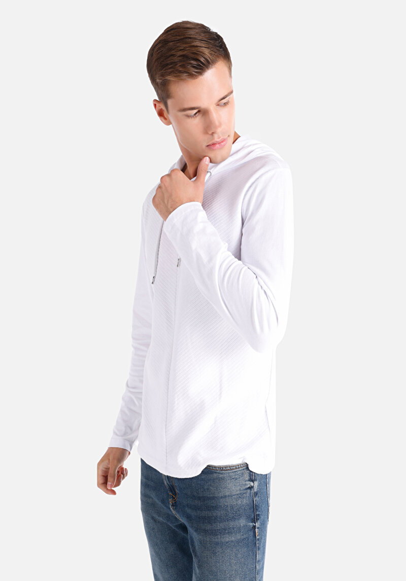 Regular Fit Kapüşonlu Düz Erkek Beyaz Uzun Kol Tişört