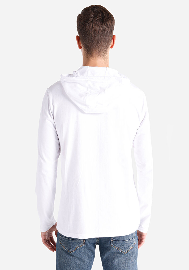 Regular Fit Kapüşonlu Düz Erkek Beyaz Uzun Kol Tişört