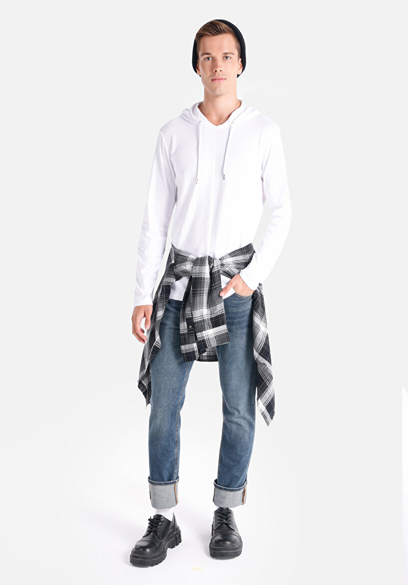 Regular Fit Kapüşonlu Düz Erkek Beyaz Uzun Kol Tişört