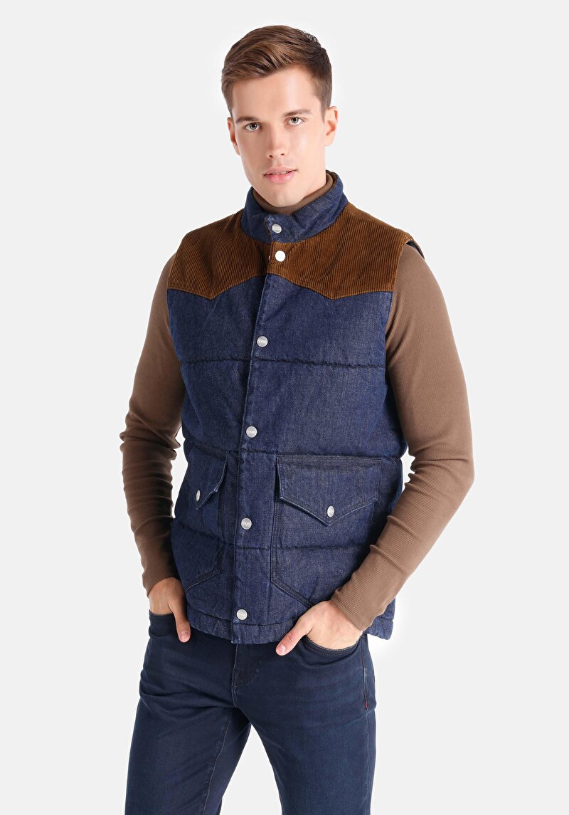 Regular Fit Hakim Yaka Erkek Mavi Yelek