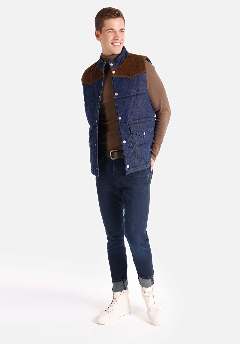 Regular Fit Hakim Yaka Erkek Mavi Yelek