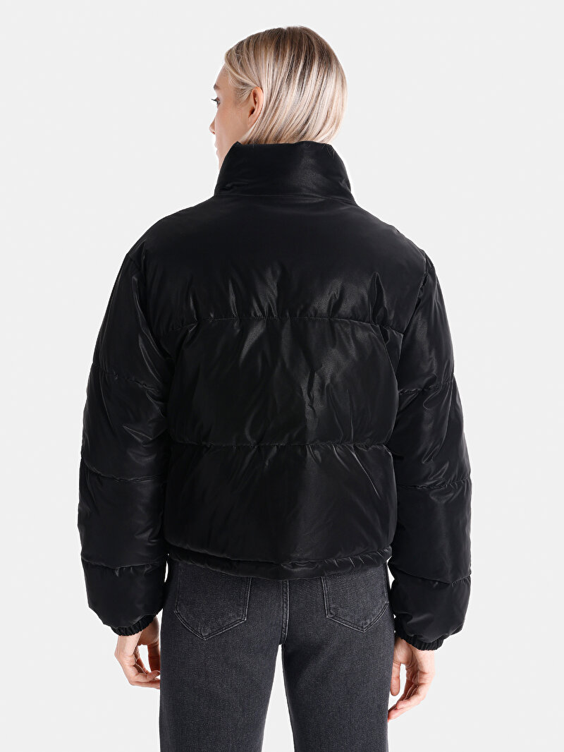 Regular Fit Dik Yaka Astarlı Kapamalı Kadın Siyah Mont