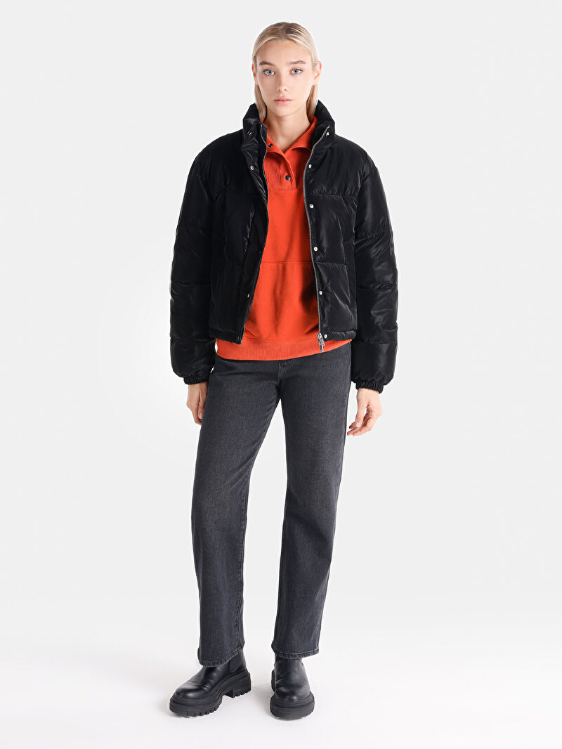 Regular Fit Dik Yaka Astarlı Kapamalı Kadın Siyah Mont