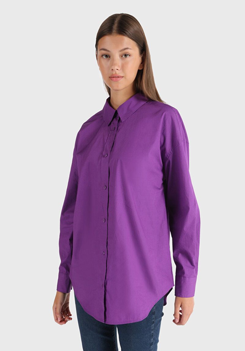 Relaxed Fit Shirt Neck Düz Kadın Mor Uzun Kol Gömlek