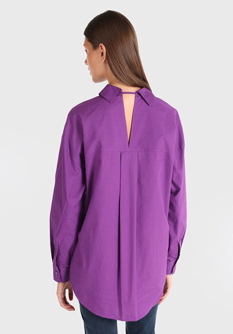 Relaxed Fit Shirt Neck Düz Kadın Mor Uzun Kol Gömlek