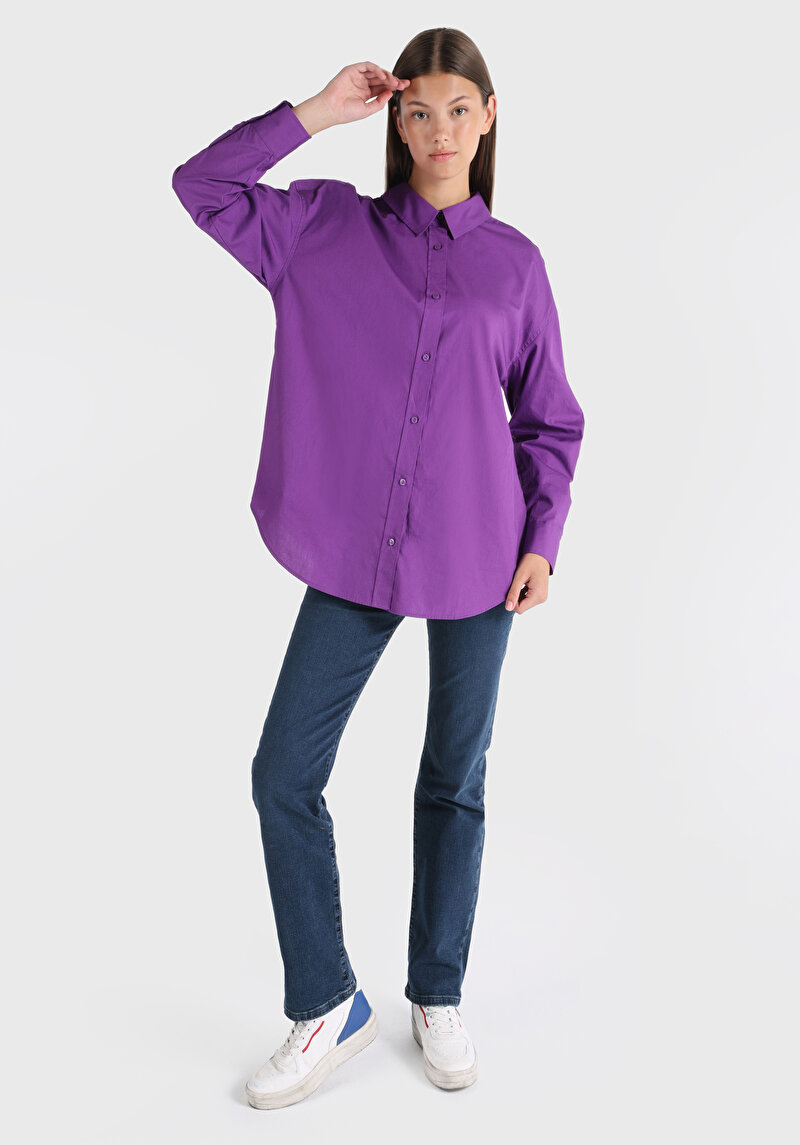 Relaxed Fit Shirt Neck Düz Kadın Mor Uzun Kol Gömlek