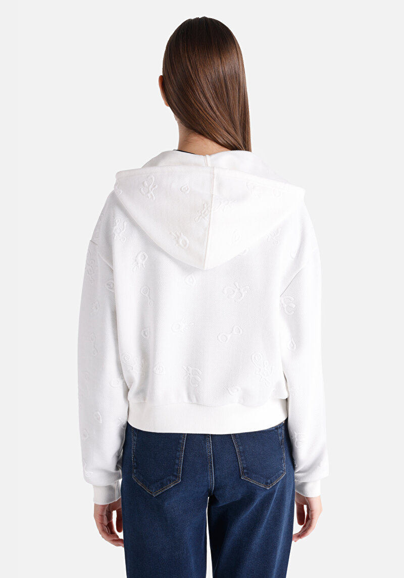 Regular Fit Kapüşonlu Jakarlı Kadın Beyaz Sweatshirt