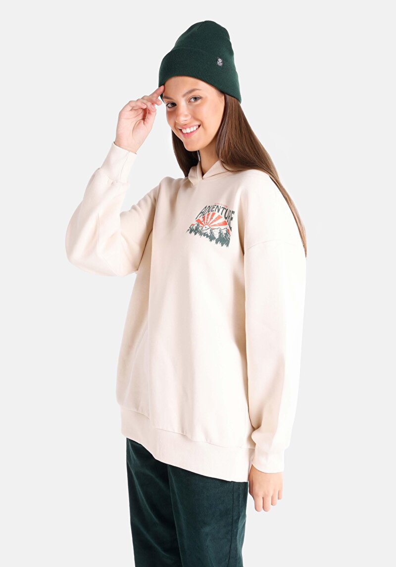 Regular Fit Kapüşonlu Baskılı Kadın Ekru Sweatshirt