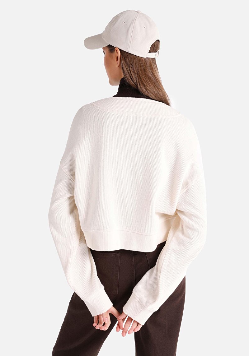 Regular Fit Placket Neck Düz Kadın Ekru Uzun Kol Tişört