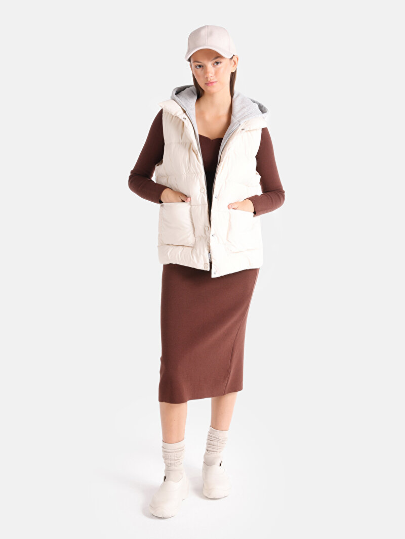 Slim Fit Kare Yaka Düz Kadın Kahverengi Kazak