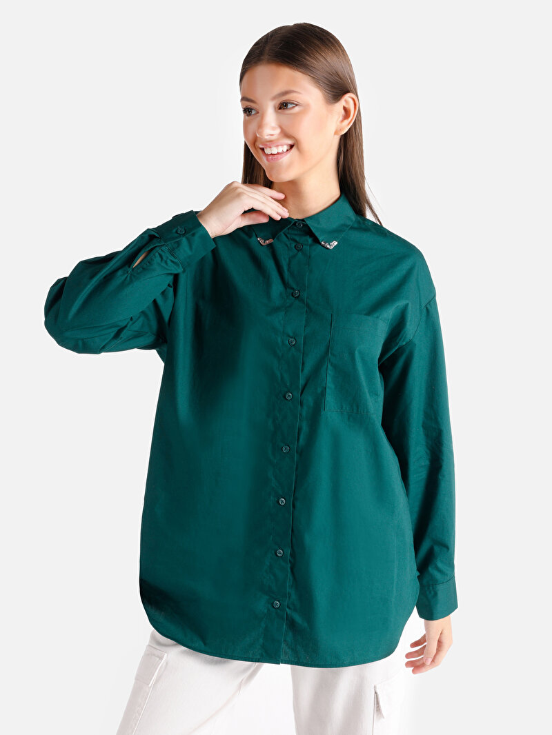 Relaxed Fit Shirt Neck Düz Kadın Yeşil Uzun Kol Gömlek