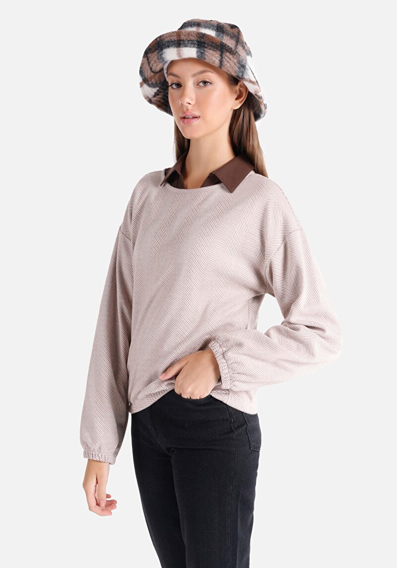Regular Fit Yuvarlak Yaka Jakarlı Kadın Bej Uzun Kol Tişört