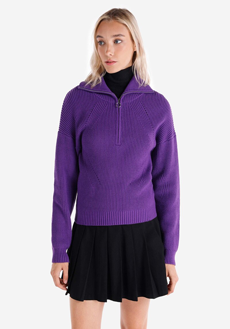 Regular Fit Fermuarlı Düz Kadın Mor Kazak