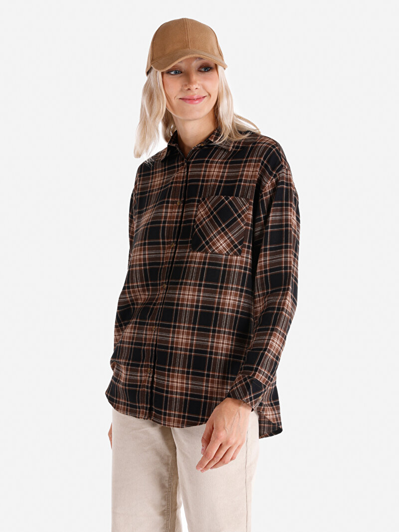 Regular Fit Shirt Neck Ekoseli Kadın Kahverengi Uzun Kol Gömlek