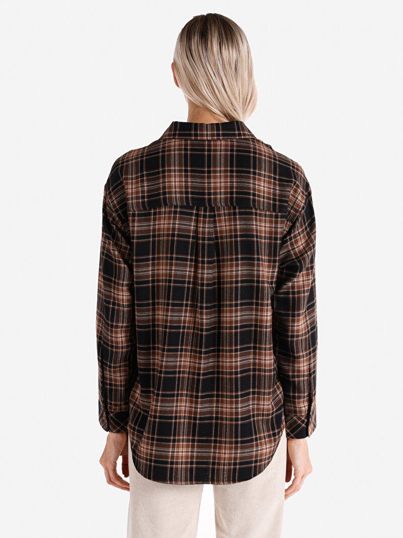 Regular Fit Shirt Neck Ekoseli Kadın Kahverengi Uzun Kol Gömlek