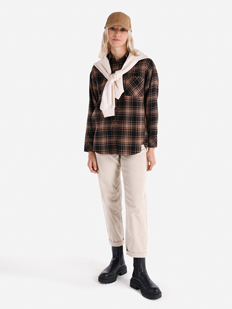 Regular Fit Shirt Neck Ekoseli Kadın Kahverengi Uzun Kol Gömlek