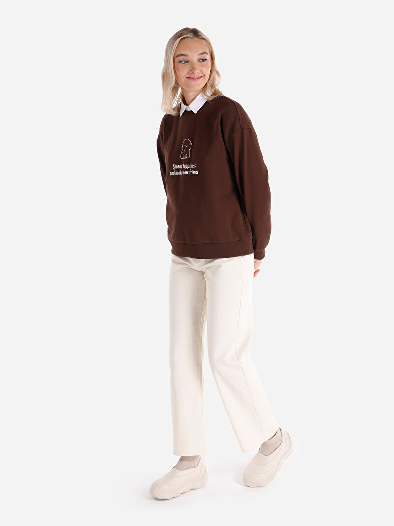 Regular Fit Yuvarlak Yaka Baskılı Kadın Kahverengi Sweatshirt