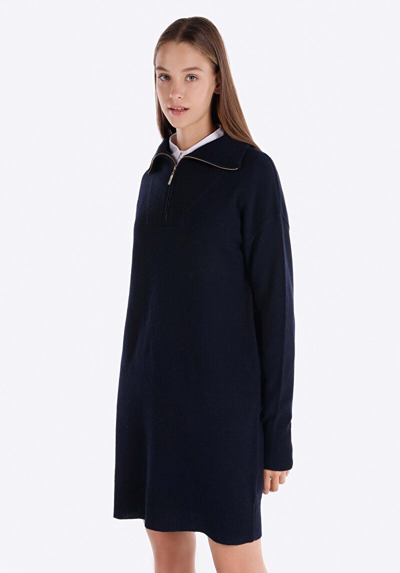 Regular Fit Düz Kadın Lacivert Uzun Kol Elbise