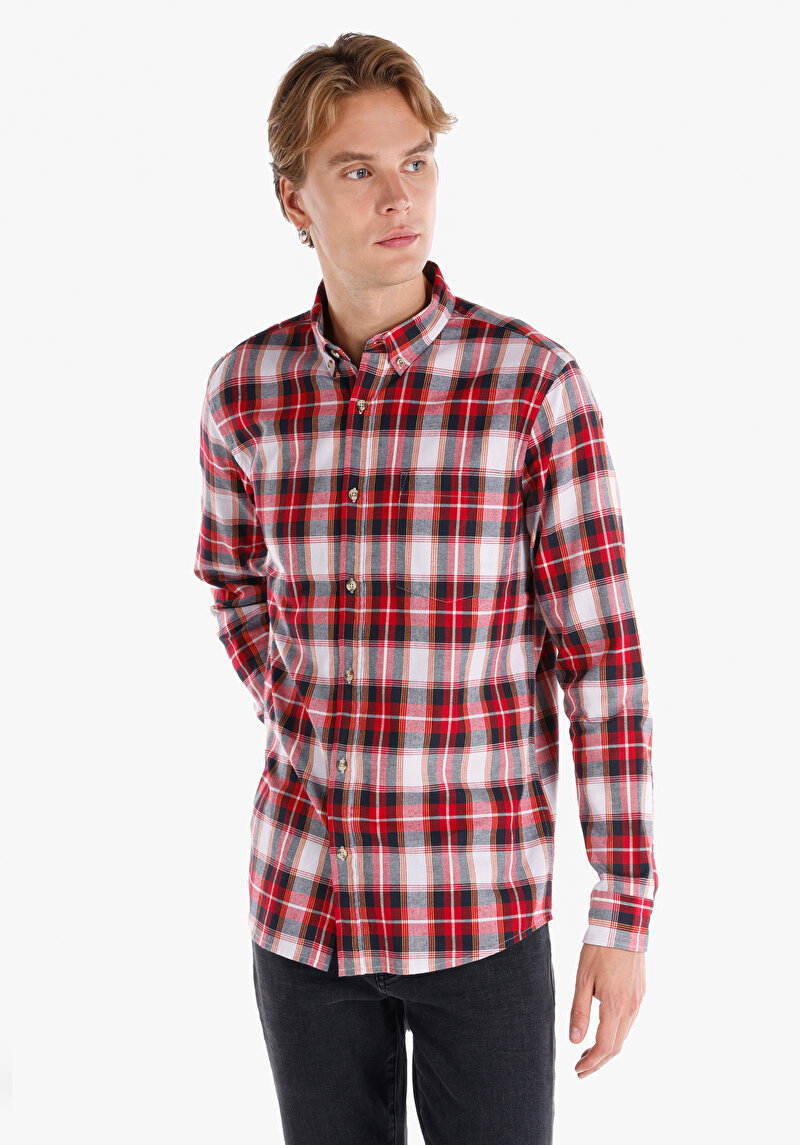 Regular Fit Shirt Neck Cepli Ekoseli Erkek Kirmizi Uzun Kol Gömlek