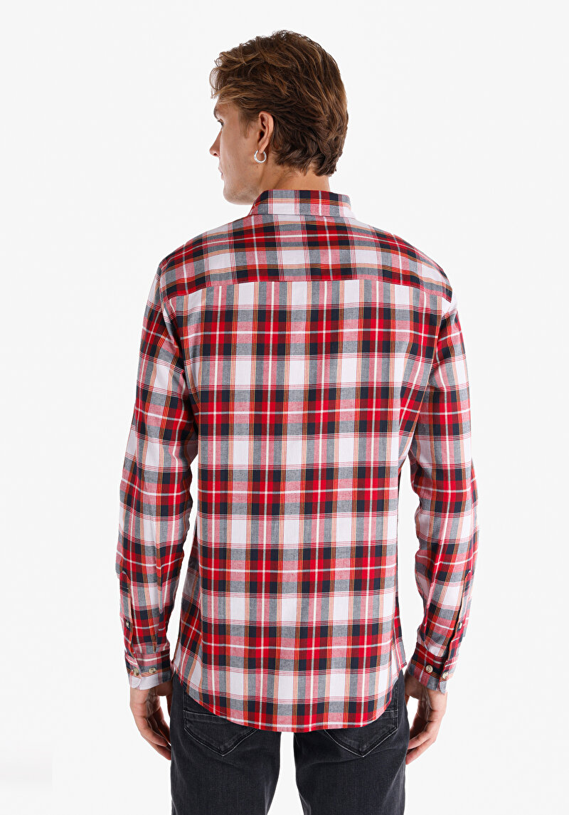 Regular Fit Shirt Neck Cepli Ekoseli Erkek Kirmizi Uzun Kol Gömlek