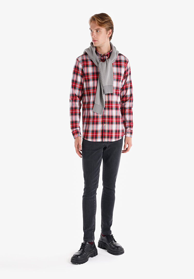 Regular Fit Shirt Neck Cepli Ekoseli Erkek Kirmizi Uzun Kol Gömlek