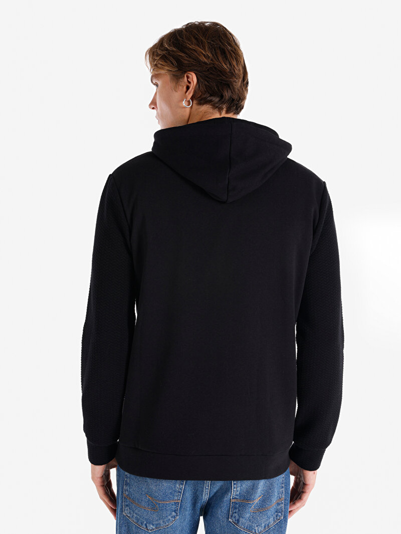 Regular Fit Kapüşonlu Düz Erkek Siyah Uzun Kol Tişört