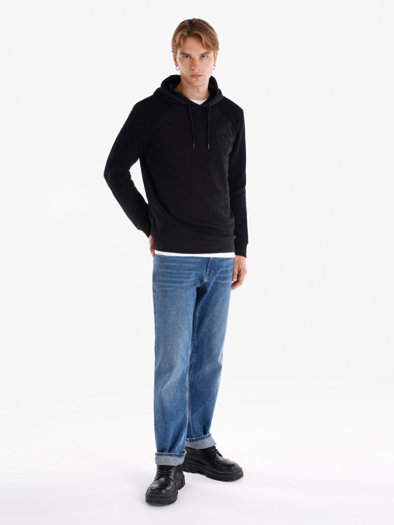 Regular Fit Kapüşonlu Düz Erkek Siyah Uzun Kol Tişört