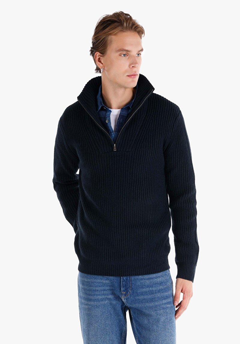 Slim Fit Turtle Neck Jakarlı Erkek Lacivert Kazak