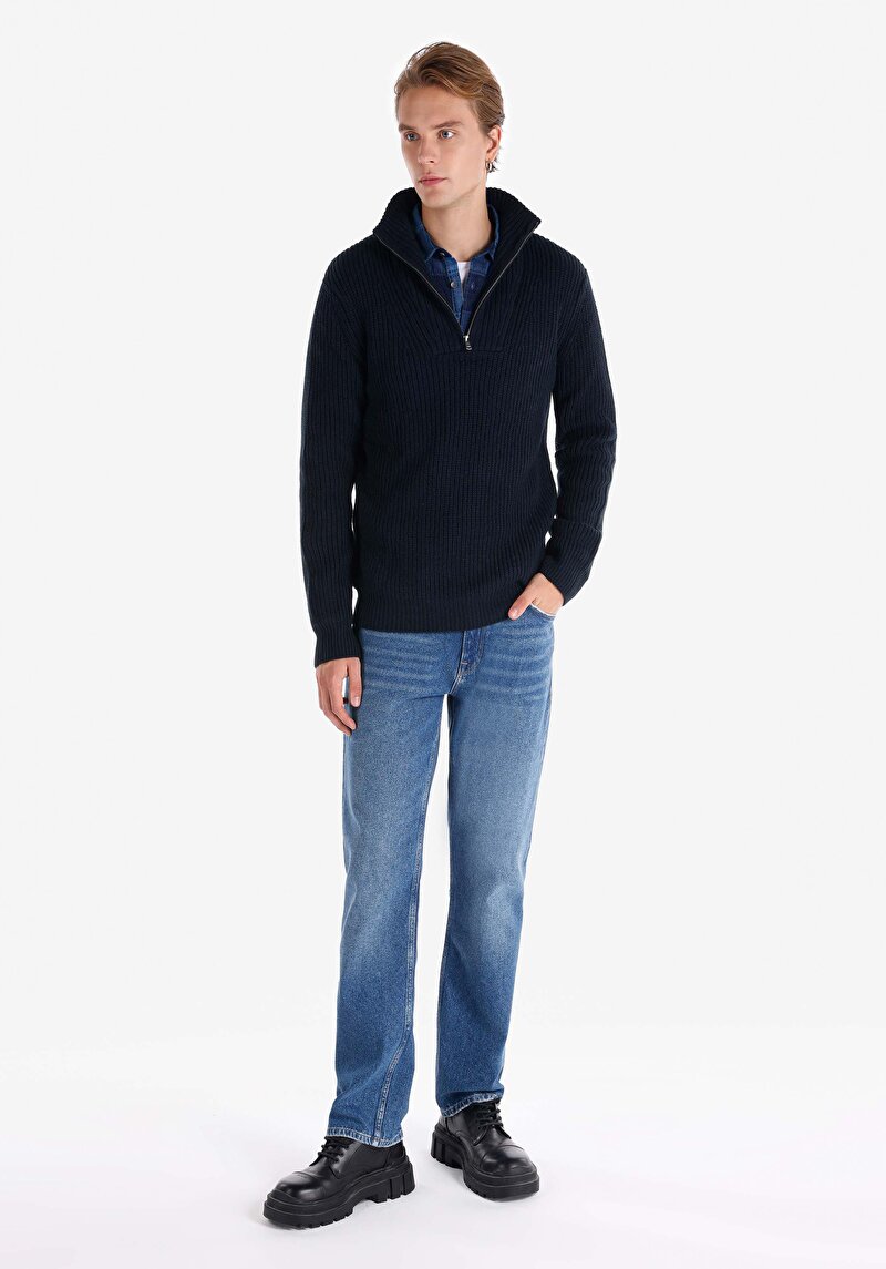 Slim Fit Turtle Neck Jakarlı Erkek Lacivert Kazak