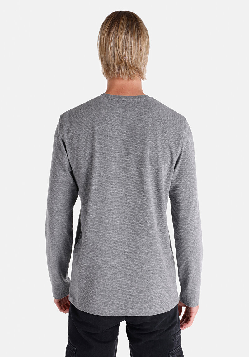 Regular Fit Yuvarlak Yaka Jakarlı Erkek Gri Uzun Kol Tişört