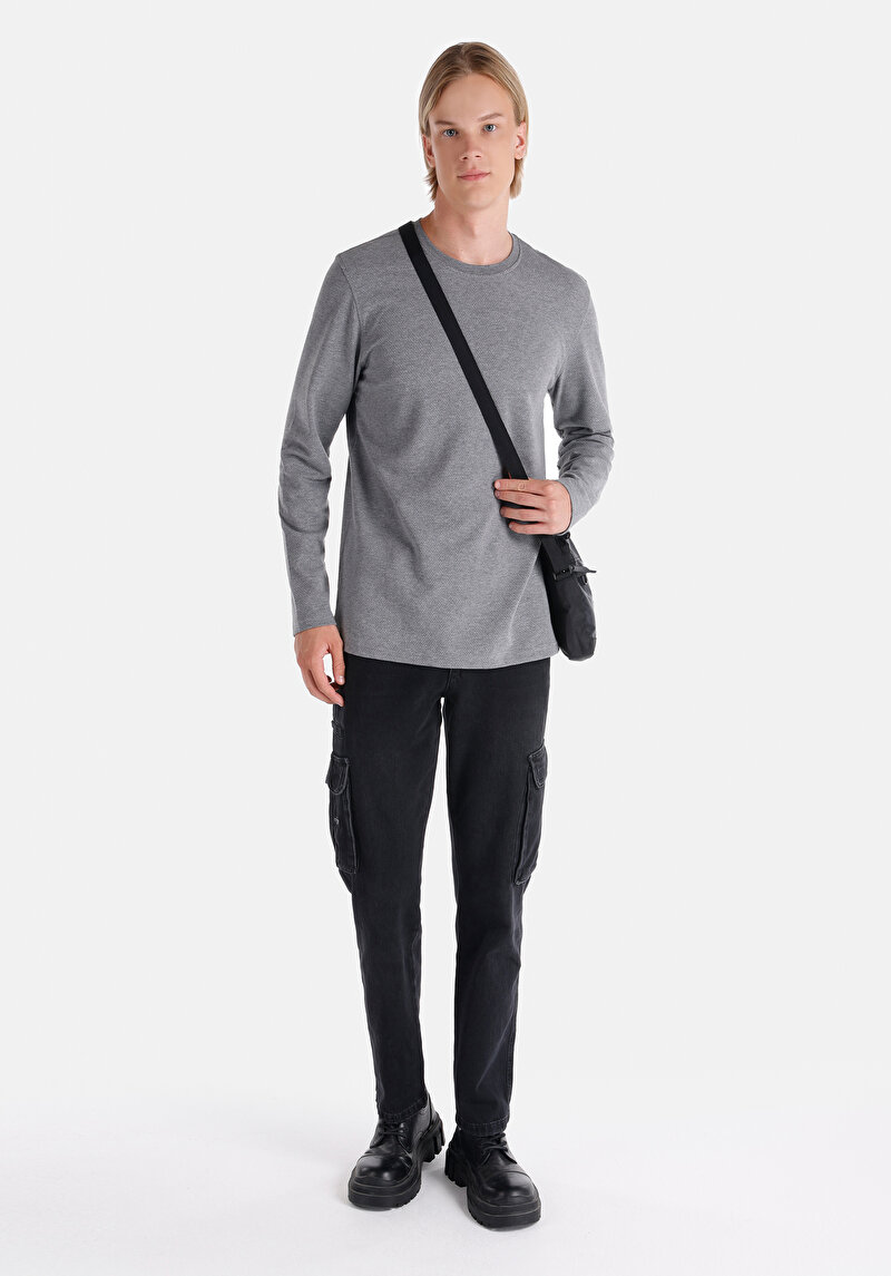 Regular Fit Yuvarlak Yaka Jakarlı Erkek Gri Uzun Kol Tişört
