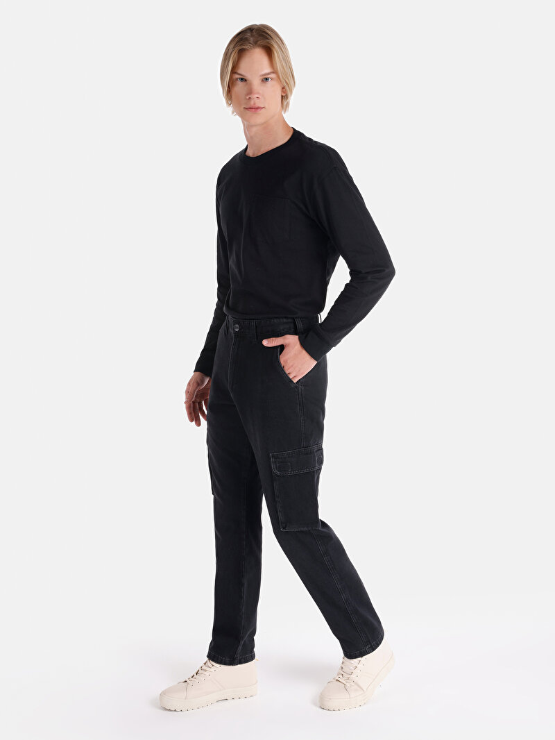 Cargo Fit Orta Bel Düz Paça Erkek Fermuarlı İndigo Jean Pantolon